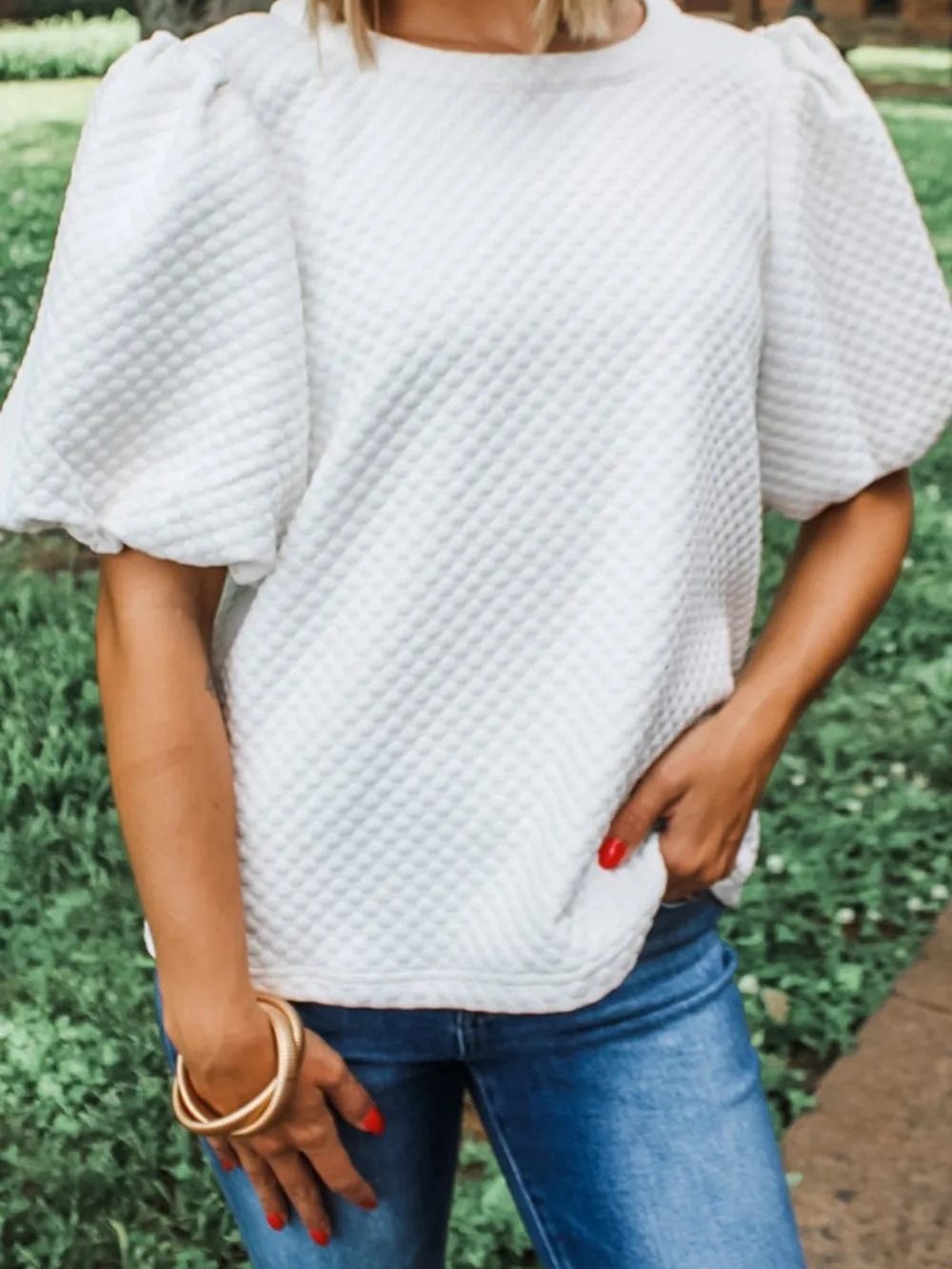 Women’s White Textured Puff-Sleeve Top